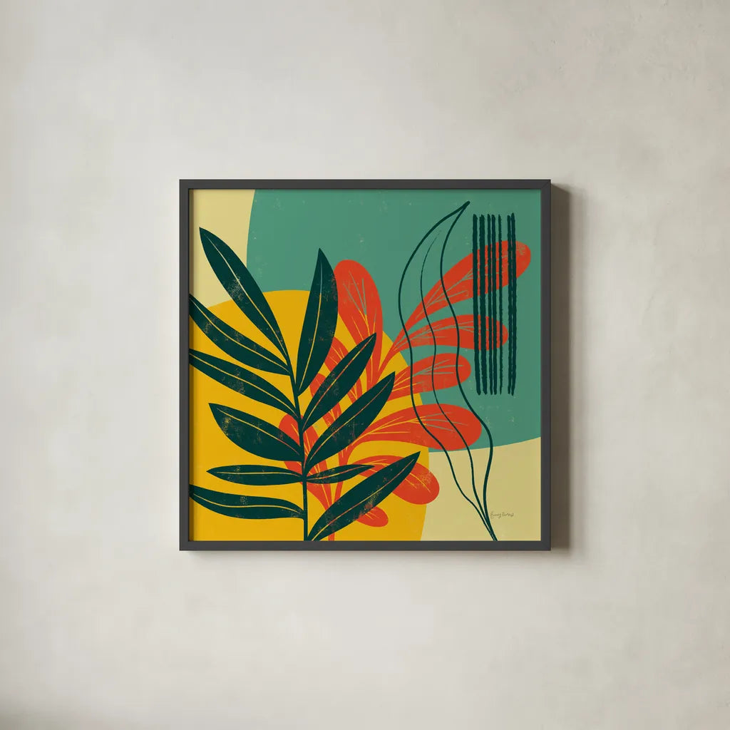 Mid Century Modern I by Becky Thorns. Shown in a sleek black glass frame for a contemporary gallery look. Available as an archival giclee rolled canvas, fine art paper, or poster print. SKU 64668a.