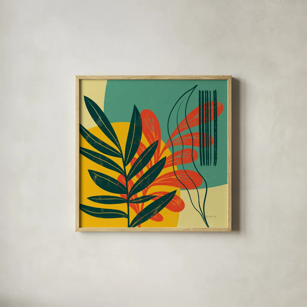 Mid Century Modern I by Becky Thorns. Shown in a natural wood glass frame for a timeless modern aesthetic. Available as an archival giclee rolled canvas, fine art paper, or poster print. SKU 64668a.
