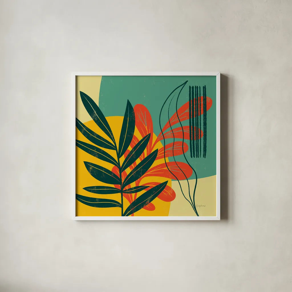 Mid Century Modern I by Becky Thorns. Shown in a crisp white glass frame for a clean and minimalist style. Available as an archival giclee rolled canvas, fine art paper, or poster print. SKU 64668a.