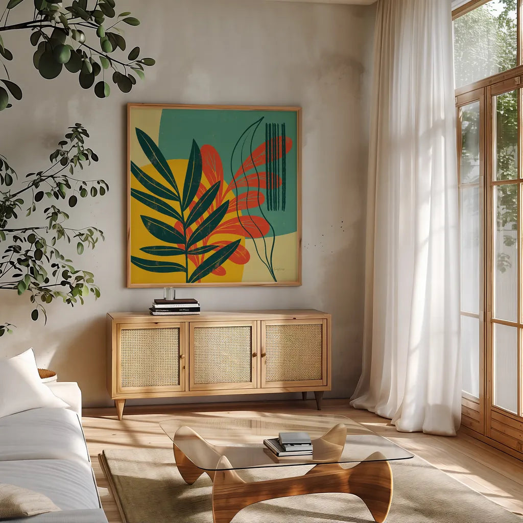 Mid Century Modern I by Becky Thorns. Shown in a natural wood frame in a cozy modern living room. Available as an archival giclee rolled canvas, fine art paper, or poster print. SKU 64668a.