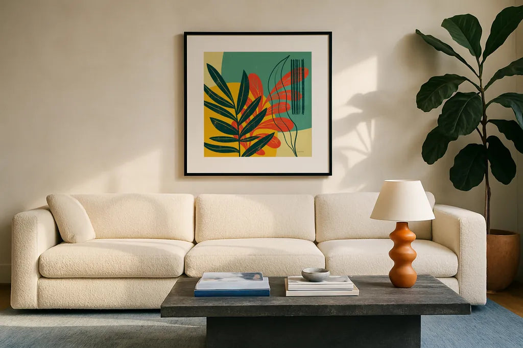 Mid Century Modern I by Becky Thorns. Displayed in a glass frame with matte in a clean modern living room. Available as an archival giclee rolled canvas, fine art paper, or poster print. SKU 64668a.