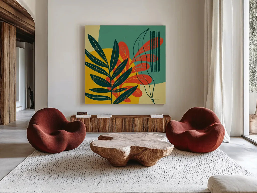 Mid Century Modern I by Becky Thorns. Shown as extra-large giant wall art in a modern living room. Available as an archival giclee rolled canvas, fine art paper, or poster print. SKU 64668a.