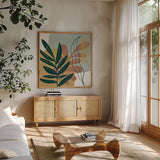 Mid Century Modern I Light by Becky Thorns. Shown in a natural wood frame in a cozy modern living room. Available as an archival giclee rolled canvas, fine art paper, or poster print. SKU 69581a.