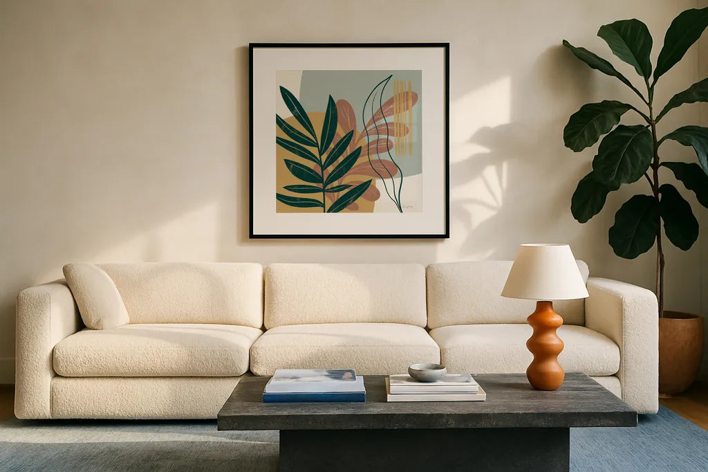 Mid Century Modern I Light by Becky Thorns. Displayed in a glass frame with matte in a clean modern living room. Available as an archival giclee rolled canvas, fine art paper, or poster print. SKU 69581a.