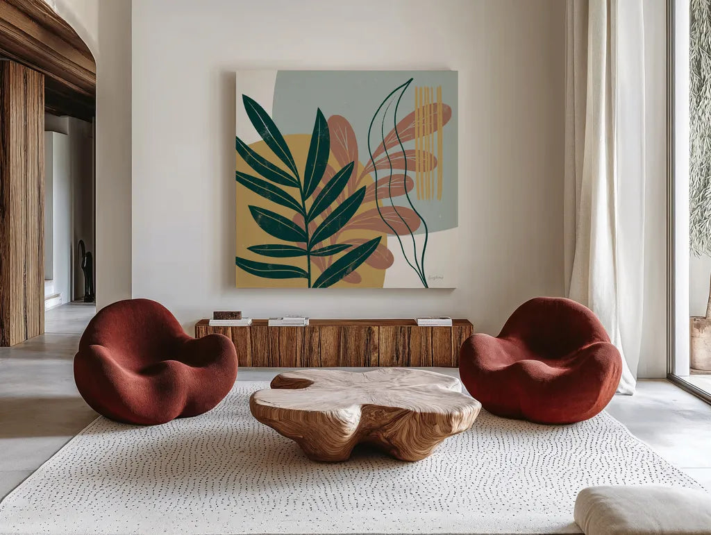 Mid Century Modern I Light by Becky Thorns. Shown as extra-large giant wall art in a modern living room. Available as an archival giclee rolled canvas, fine art paper, or poster print. SKU 69581a.