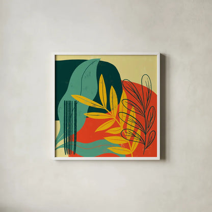 Mid Century Modern II by Becky Thorns. Shown in a crisp white glass frame for a clean and minimalist style. Available as an archival giclee rolled canvas, fine art paper, or poster print. SKU 64669a.