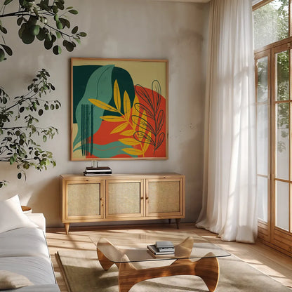 Mid Century Modern II by Becky Thorns. Shown in a natural wood frame in a cozy modern living room. Available as an archival giclee rolled canvas, fine art paper, or poster print. SKU 64669a.