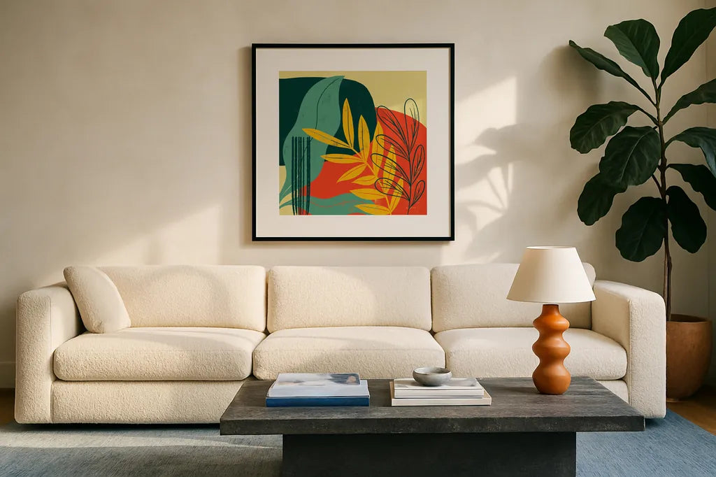 Mid Century Modern II by Becky Thorns. Displayed in a glass frame with matte in a clean modern living room. Available as an archival giclee rolled canvas, fine art paper, or poster print. SKU 64669a.