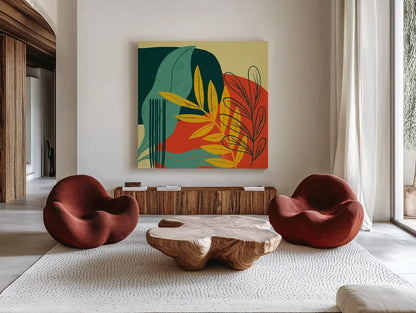 Mid Century Modern II by Becky Thorns. Shown as extra-large giant wall art in a modern living room. Available as an archival giclee rolled canvas, fine art paper, or poster print. SKU 64669a.