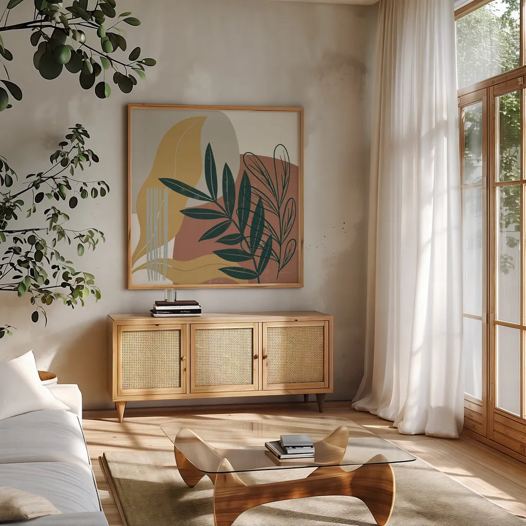 Mid Century Modern II Light by Becky Thorns. Shown in a natural wood frame in a cozy modern living room. Available as an archival giclee rolled canvas, fine art paper, or poster print. SKU 69582a.