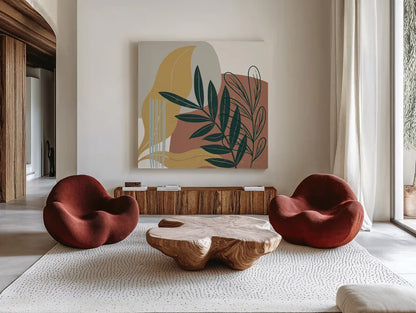 Mid Century Modern II Light by Becky Thorns. Shown as extra-large giant wall art in a modern living room. Available as an archival giclee rolled canvas, fine art paper, or poster print. SKU 69582a.