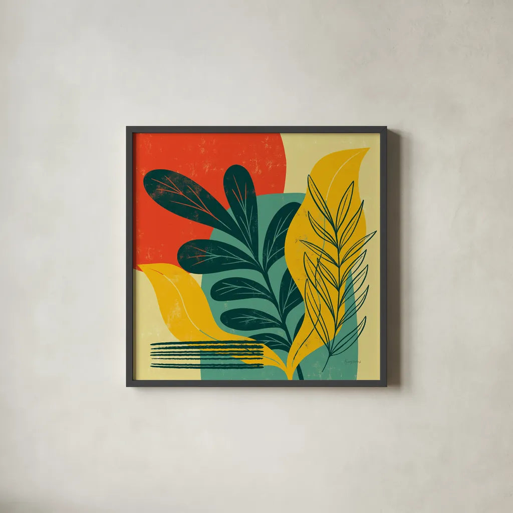 Mid Century Modern III by Becky Thorns. Shown in a sleek black glass frame for a contemporary gallery look. Available as an archival giclee rolled canvas, fine art paper, or poster print. SKU 64670a.