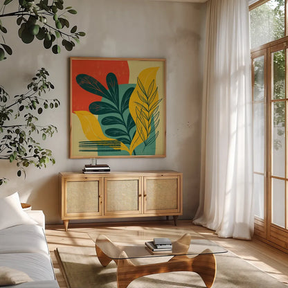 Mid Century Modern III by Becky Thorns. Shown in a natural wood frame in a cozy modern living room. Available as an archival giclee rolled canvas, fine art paper, or poster print. SKU 64670a.