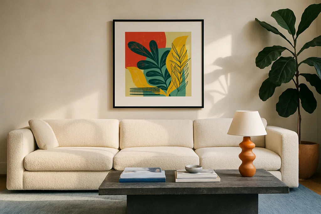 Mid Century Modern III by Becky Thorns. Displayed in a glass frame with matte in a clean modern living room. Available as an archival giclee rolled canvas, fine art paper, or poster print. SKU 64670a.
