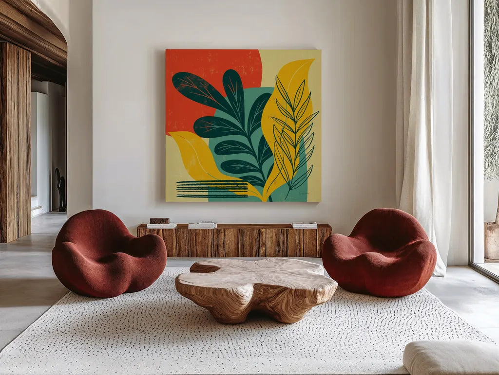 Mid Century Modern III by Becky Thorns. Shown as extra-large giant wall art in a modern living room. Available as an archival giclee rolled canvas, fine art paper, or poster print. SKU 64670a.