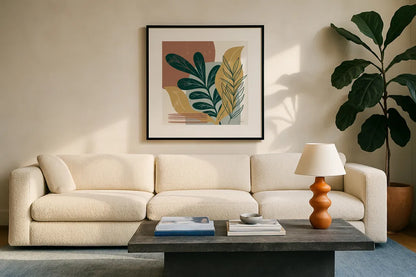 Mid Century Modern III Light by Becky Thorns. Displayed in a glass frame with matte in a clean modern living room. Available as an archival giclee rolled canvas, fine art paper, or poster print. SKU 69583a.