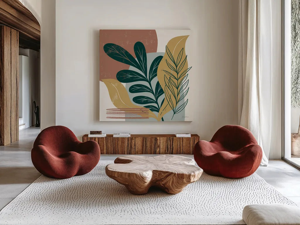 Mid Century Modern III Light by Becky Thorns. Shown as extra-large giant wall art in a modern living room. Available as an archival giclee rolled canvas, fine art paper, or poster print. SKU 69583a.