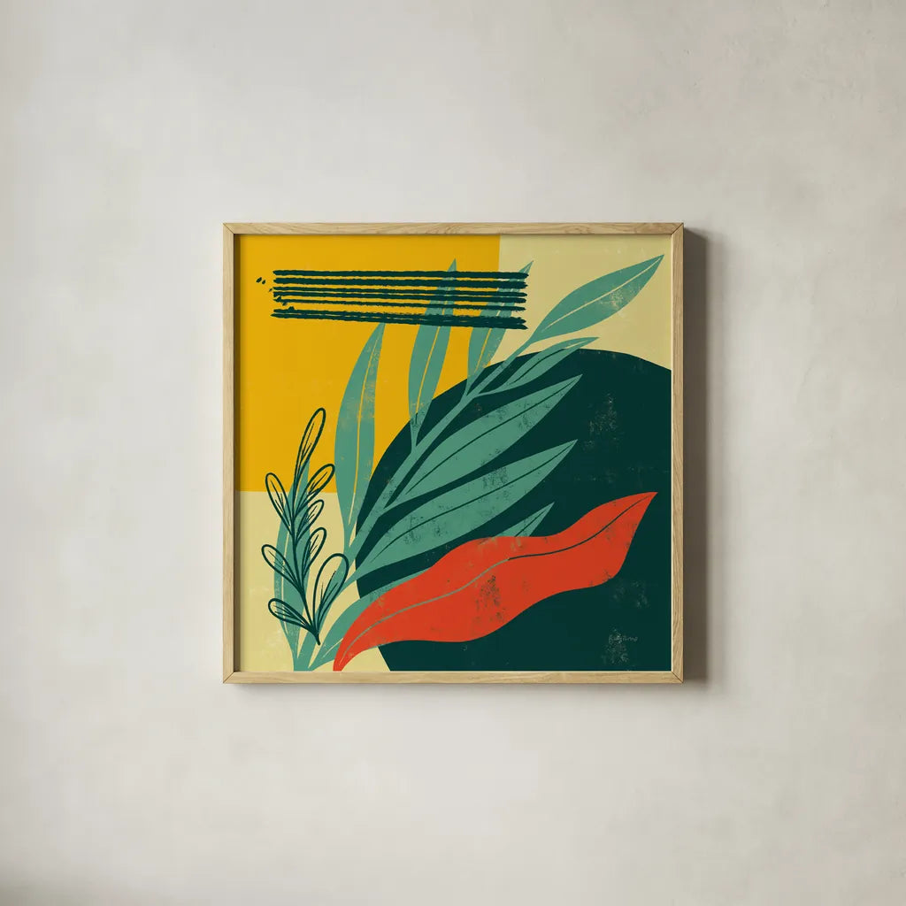 Mid Century Modern IV by Becky Thorns. Shown in a natural wood glass frame for a timeless modern aesthetic. Available as an archival giclee rolled canvas, fine art paper, or poster print. SKU 64671a.