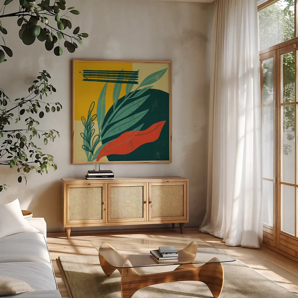 Mid Century Modern IV by Becky Thorns. Shown in a natural wood frame in a cozy modern living room. Available as an archival giclee rolled canvas, fine art paper, or poster print. SKU 64671a.
