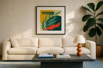 Mid Century Modern IV by Becky Thorns. Displayed in a glass frame with matte in a clean modern living room. Available as an archival giclee rolled canvas, fine art paper, or poster print. SKU 64671a.