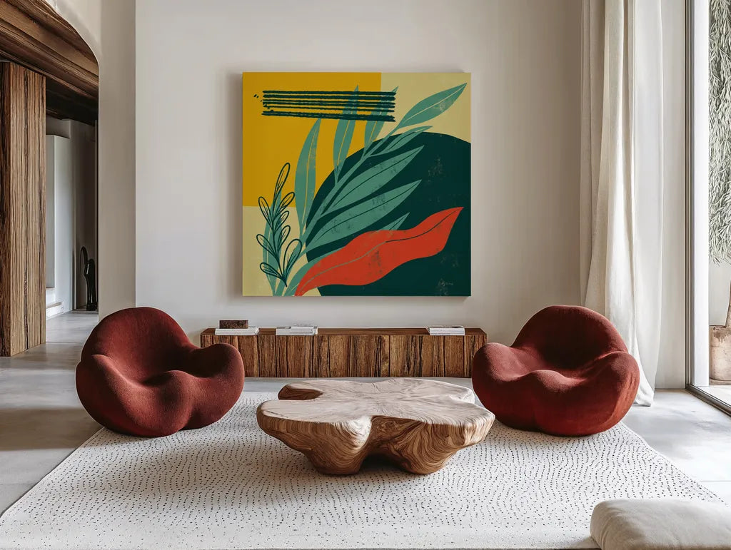 Mid Century Modern IV by Becky Thorns. Shown as extra-large giant wall art in a modern living room. Available as an archival giclee rolled canvas, fine art paper, or poster print. SKU 64671a.