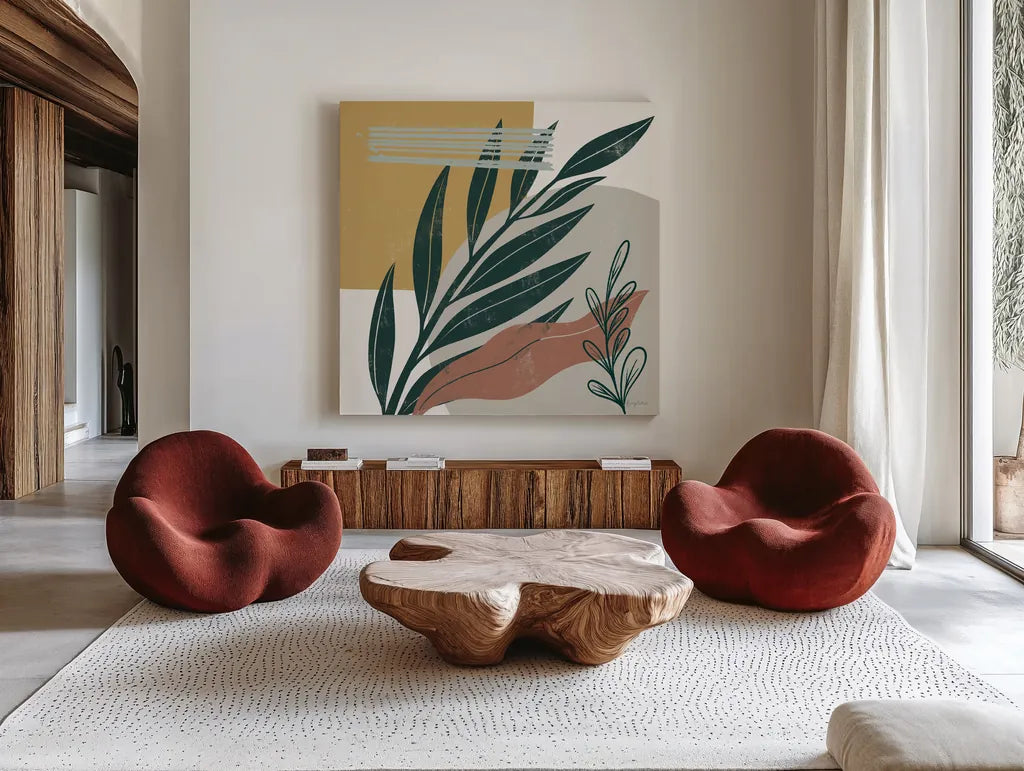 Mid Century Modern IV Light by Becky Thorns. Shown as extra-large giant wall art in a modern living room. Available as an archival giclee rolled canvas, fine art paper, or poster print. SKU 69584a.