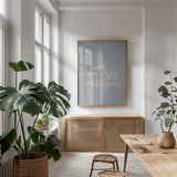 Mod Glam Good Energy I Pink Gray by Becky Thorns. shown as a print in a natural wood frame in a dining room. Available as a archival giclee rolled canvas, fine art paper, or poster print. SKU 68708h.