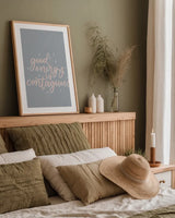 Mod Glam Good Energy I Pink Gray by Becky Thorns. shown as a paper print in a natural frame. Available as a archival giclee rolled canvas, fine art paper, or poster print. SKU 68708h.