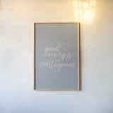 Mod Glam Good Energy I Pink Gray by Becky Thorns. shown as a paper print in a natural frame. Available as a archival giclee rolled canvas, fine art paper, or poster print. SKU 68708h.