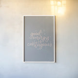 Mod Glam Good Energy I Pink Gray by Becky Thorns. shown as a paper print in a white frame. Available as a archival giclee rolled canvas, fine art paper, or poster print. SKU 68708h.