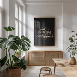 Mod Glam Good Energy II Black by Becky Thorns. shown as a print in a natural wood frame in a dining room. Available as a archival giclee rolled canvas, fine art paper, or poster print. SKU 68876h.