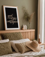 Mod Glam Good Energy II Black by Becky Thorns. shown as a paper print in a natural frame. Available as a archival giclee rolled canvas, fine art paper, or poster print. SKU 68876h.