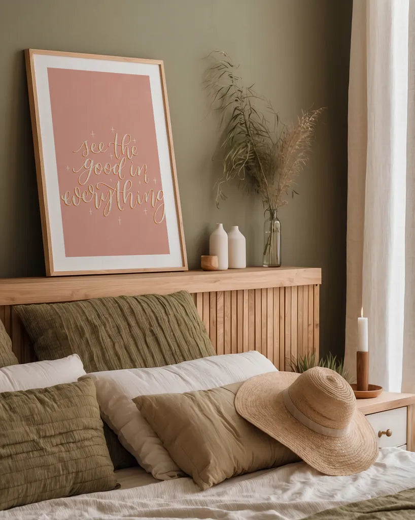 Mod Glam See the Good I by Becky Thorns. shown as a paper print in a natural frame. Available as a archival giclee rolled canvas, fine art paper, or poster print. SKU 66715h.