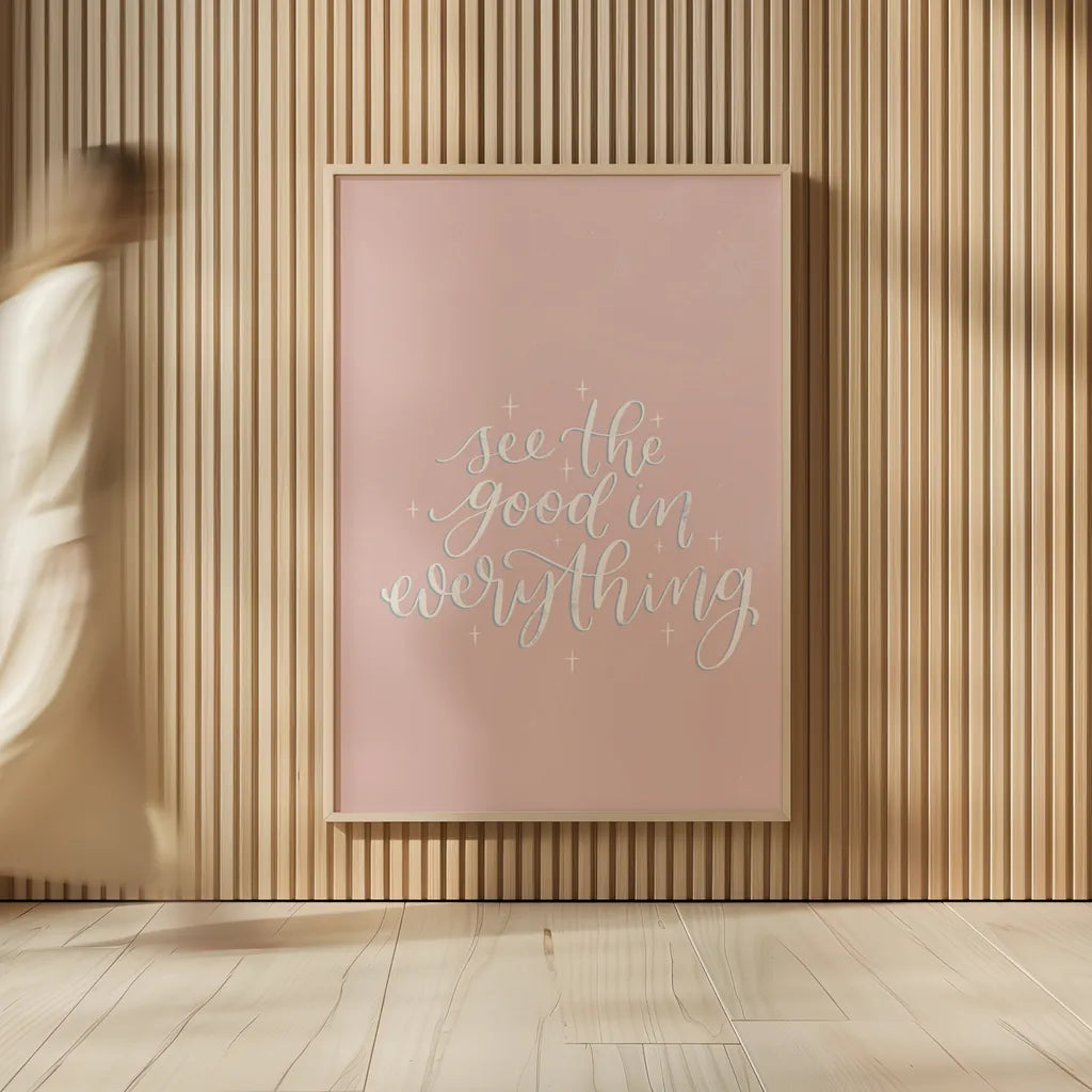 Mod Glam See the Good I Pink by Becky Thorns. shown as over sized large wall art. Available as an archival giclee rolled canvas, fine art paper, or poster print. SKU 68709h.
