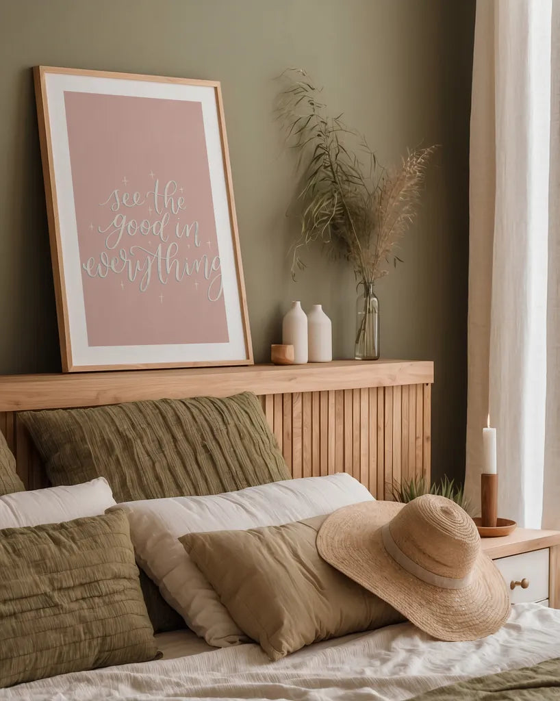 Mod Glam See the Good I Pink by Becky Thorns. shown as a paper print in a natural frame. Available as a archival giclee rolled canvas, fine art paper, or poster print. SKU 68709h.