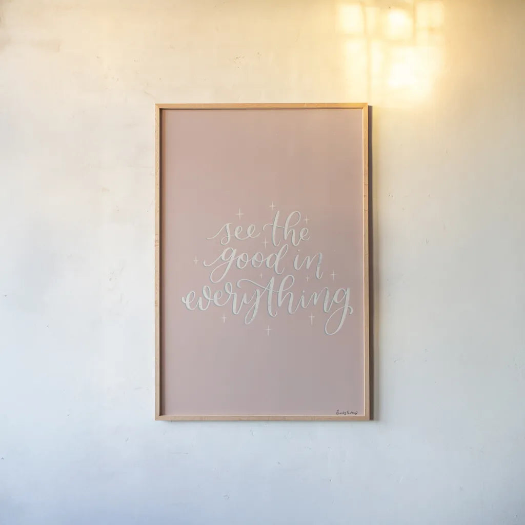 Mod Glam See the Good I Pink by Becky Thorns. shown as a paper print in a natural frame. Available as a archival giclee rolled canvas, fine art paper, or poster print. SKU 68709h.