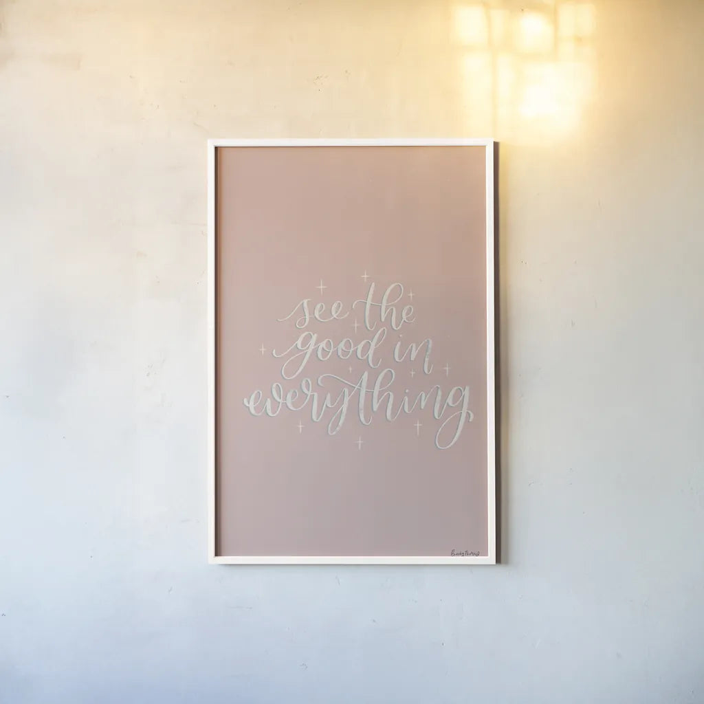 Mod Glam See the Good I Pink by Becky Thorns. shown as a paper print in a white frame. Available as a archival giclee rolled canvas, fine art paper, or poster print. SKU 68709h.