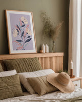 Modern Floral I Lilac by Becky Thorns. shown as a paper print in a natural frame. Available as a archival giclee rolled canvas, fine art paper, or poster print. SKU 64130h.