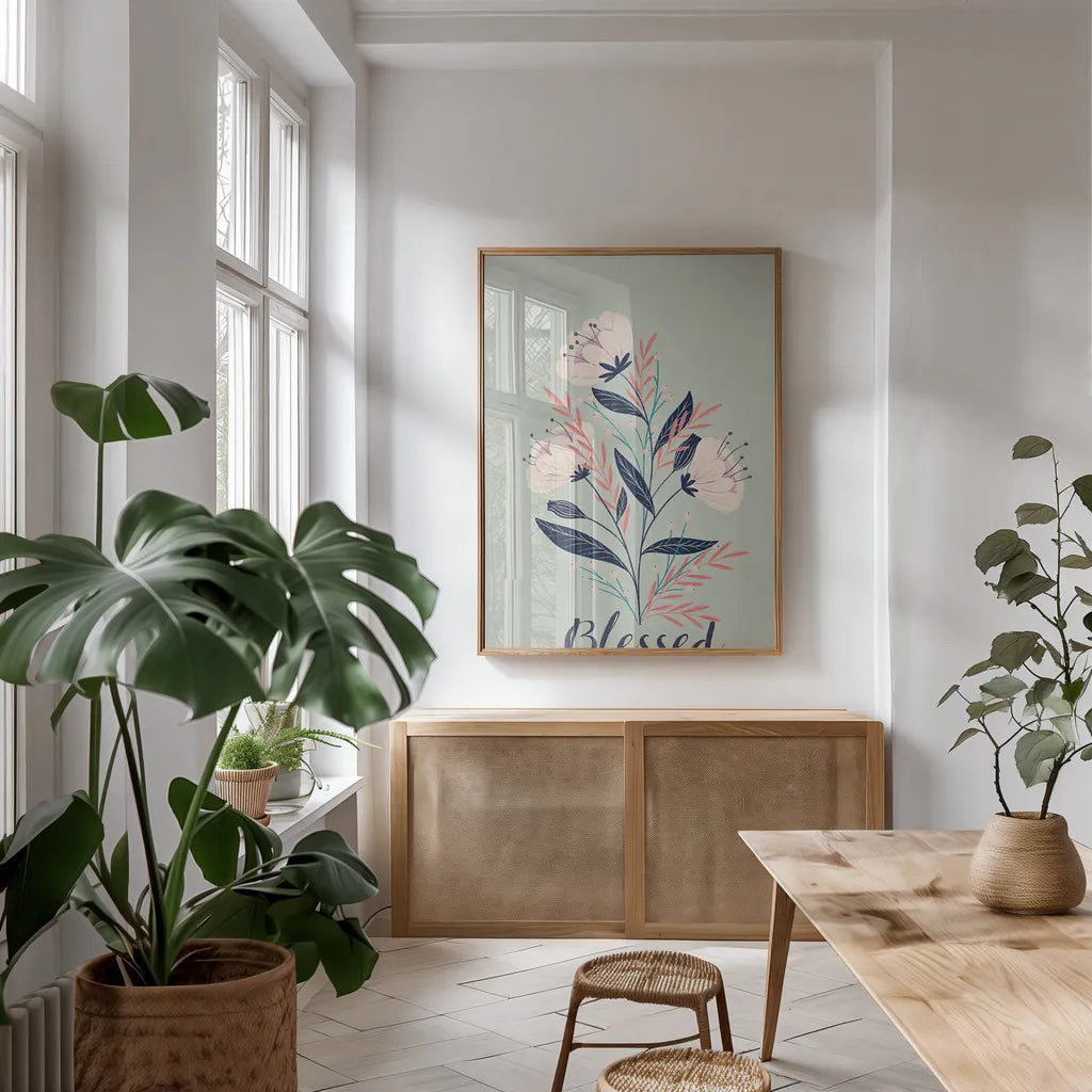 Modern Floral I Mint by Becky Thorns. shown as a print in a natural wood frame in a dining room. Available as a archival giclee rolled canvas, fine art paper, or poster print. SKU 64131h.