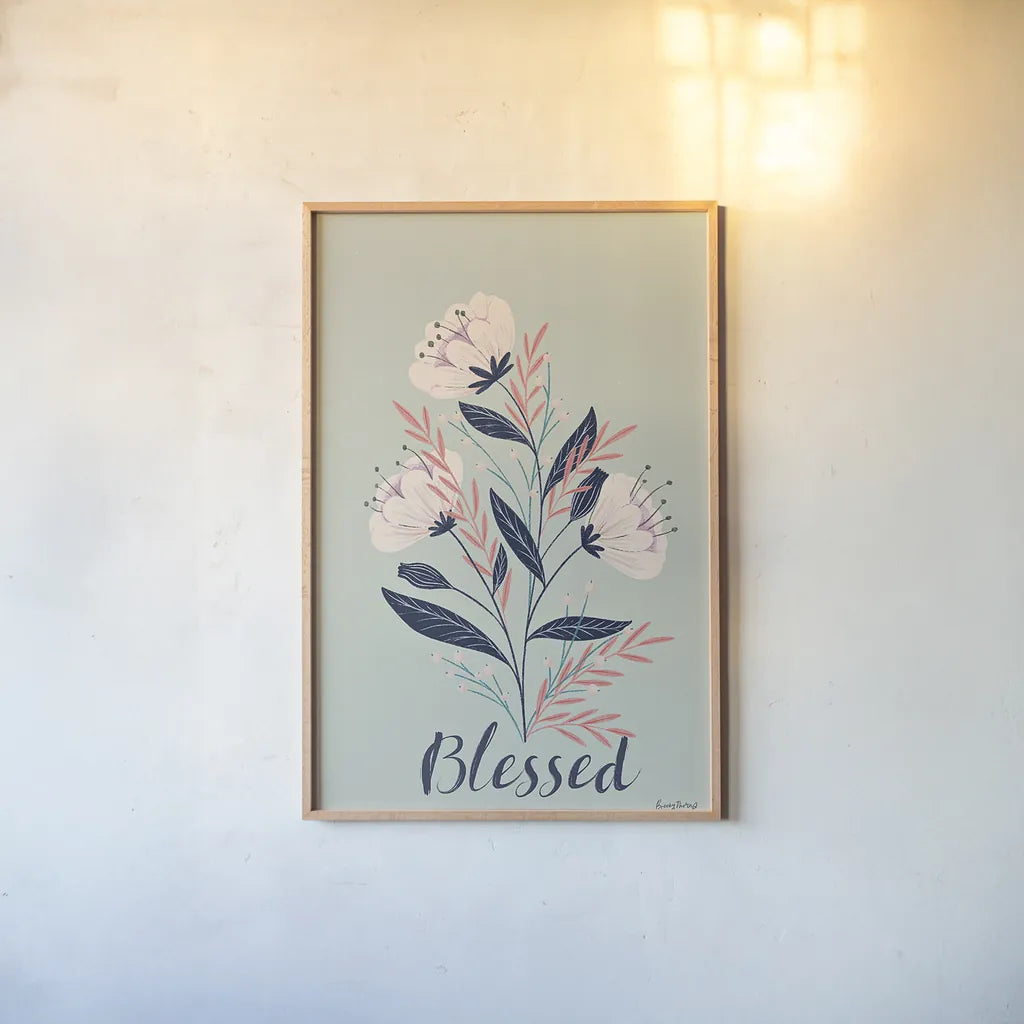 Modern Floral I Mint by Becky Thorns. shown as a paper print in a natural frame. Available as a archival giclee rolled canvas, fine art paper, or poster print. SKU 64131h.