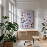 Modern Floral II Lilac by Becky Thorns. shown as a print in a natural wood frame in a dining room. Available as a archival giclee rolled canvas, fine art paper, or poster print. SKU 64132h.