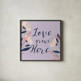 Modern Floral III Square Lilac by Becky Thorns. Shown in a sleek black glass frame for a contemporary gallery look. Available as an archival giclee rolled canvas, fine art paper, or poster print. SKU 64134a.