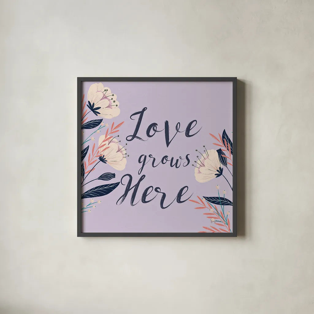 Modern Floral III Square Lilac by Becky Thorns. Shown in a sleek black glass frame for a contemporary gallery look. Available as an archival giclee rolled canvas, fine art paper, or poster print. SKU 64134a.