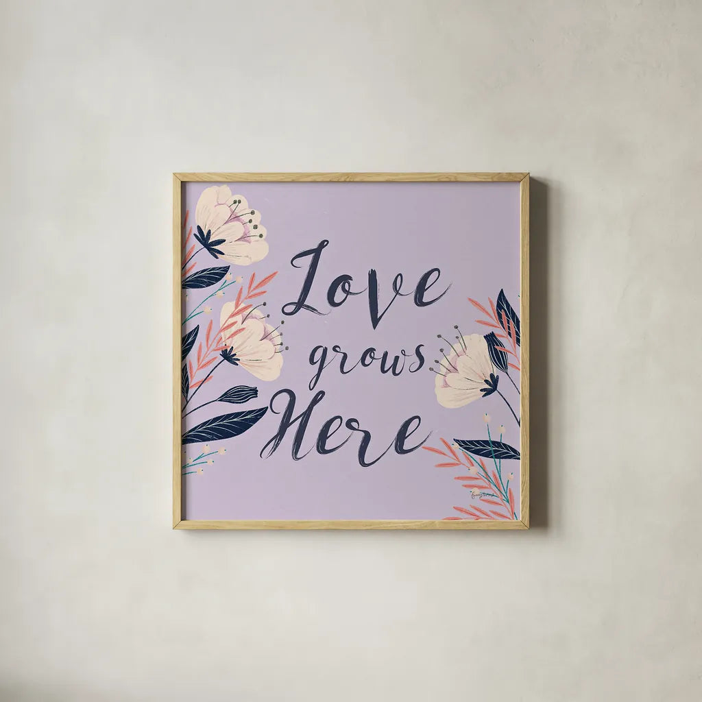 Modern Floral III Square Lilac by Becky Thorns. Shown in a natural wood glass frame for a timeless modern aesthetic. Available as an archival giclee rolled canvas, fine art paper, or poster print. SKU 64134a.