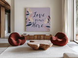 Modern Floral III Square Lilac by Becky Thorns. Shown as extra-large giant wall art in a modern living room. Available as an archival giclee rolled canvas, fine art paper, or poster print. SKU 64134a.