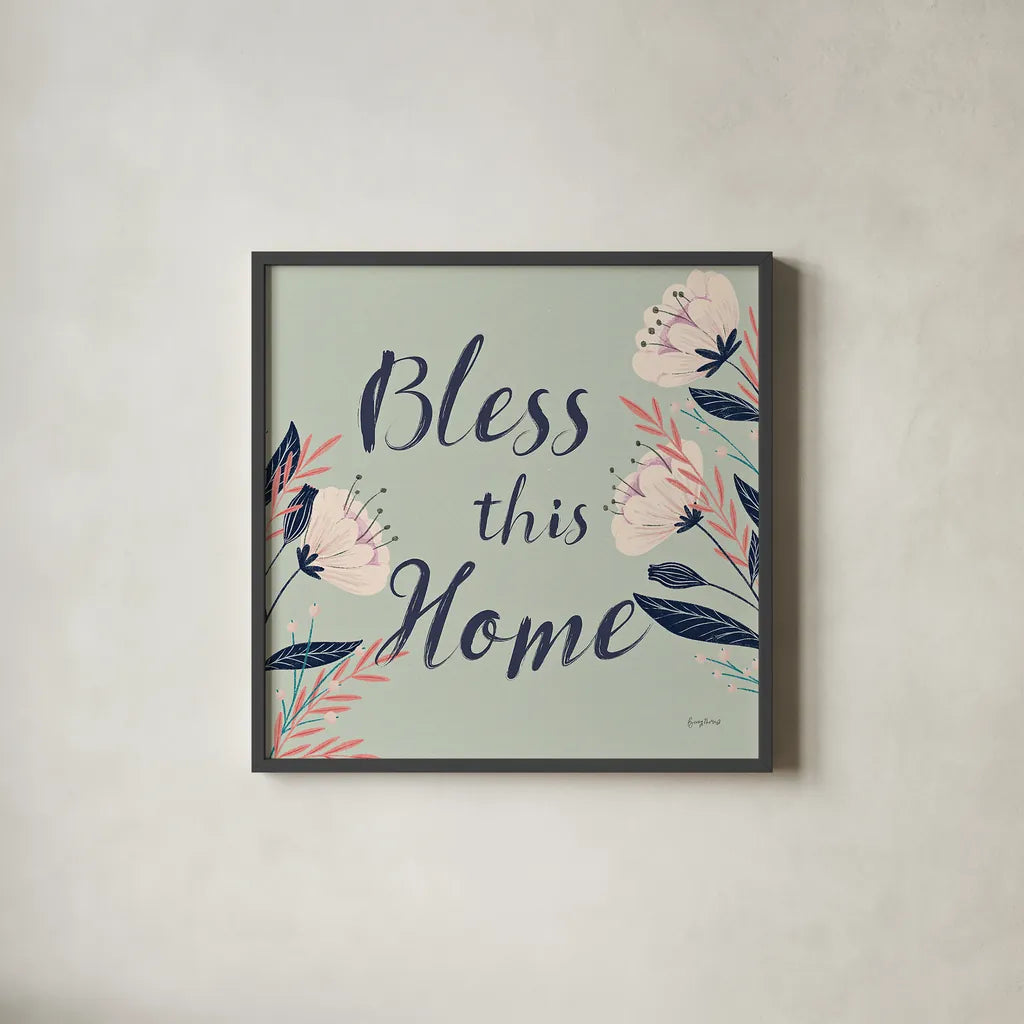 Modern Floral III Square Mint by Becky Thorns. Shown in a sleek black glass frame for a contemporary gallery look. Available as an archival giclee rolled canvas, fine art paper, or poster print. SKU 64135a.