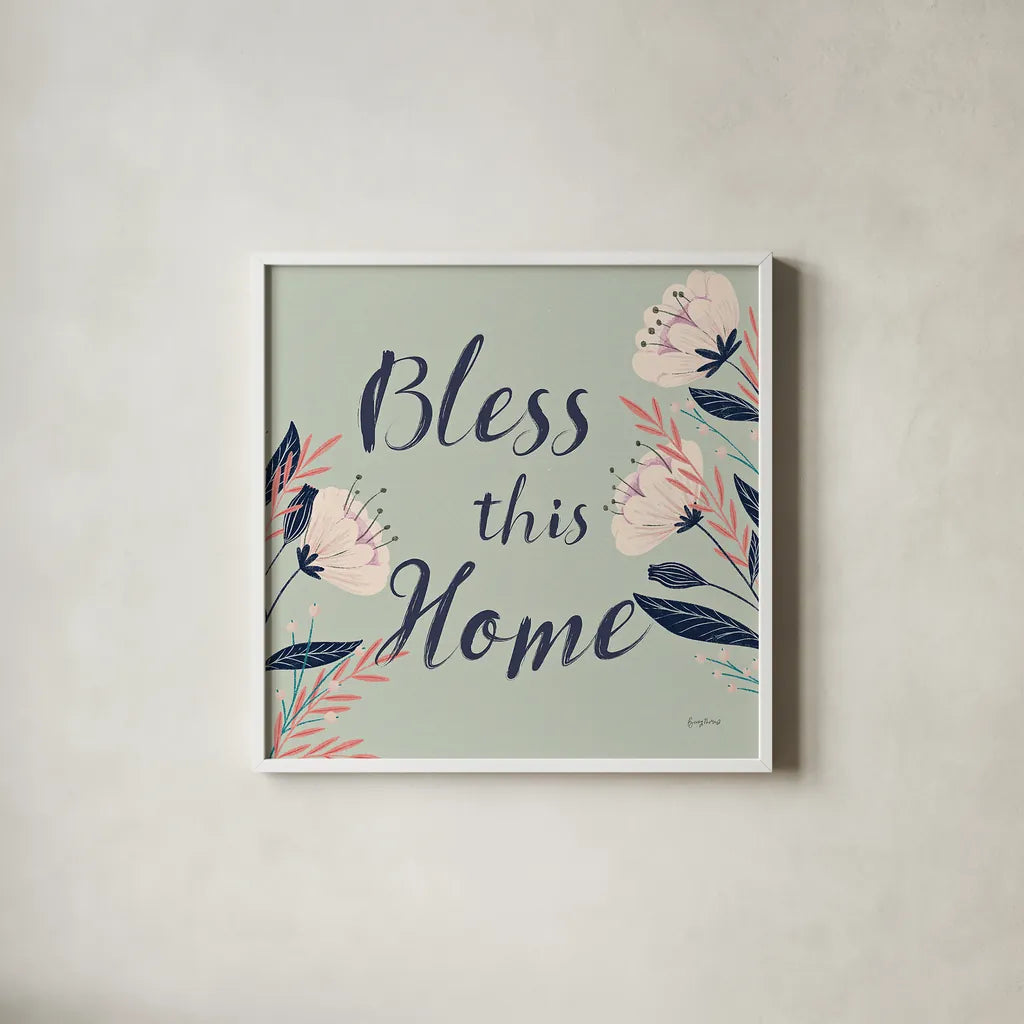 Modern Floral III Square Mint by Becky Thorns. Shown in a crisp white glass frame for a clean and minimalist style. Available as an archival giclee rolled canvas, fine art paper, or poster print. SKU 64135a.