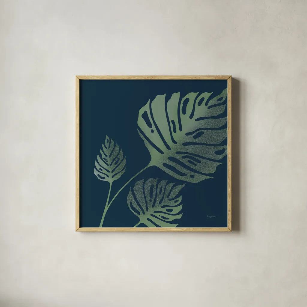 Monstera I by Becky Thorns. Shown in a natural wood glass frame for a timeless modern aesthetic. Available as an archival giclee rolled canvas, fine art paper, or poster print. SKU 52079a.