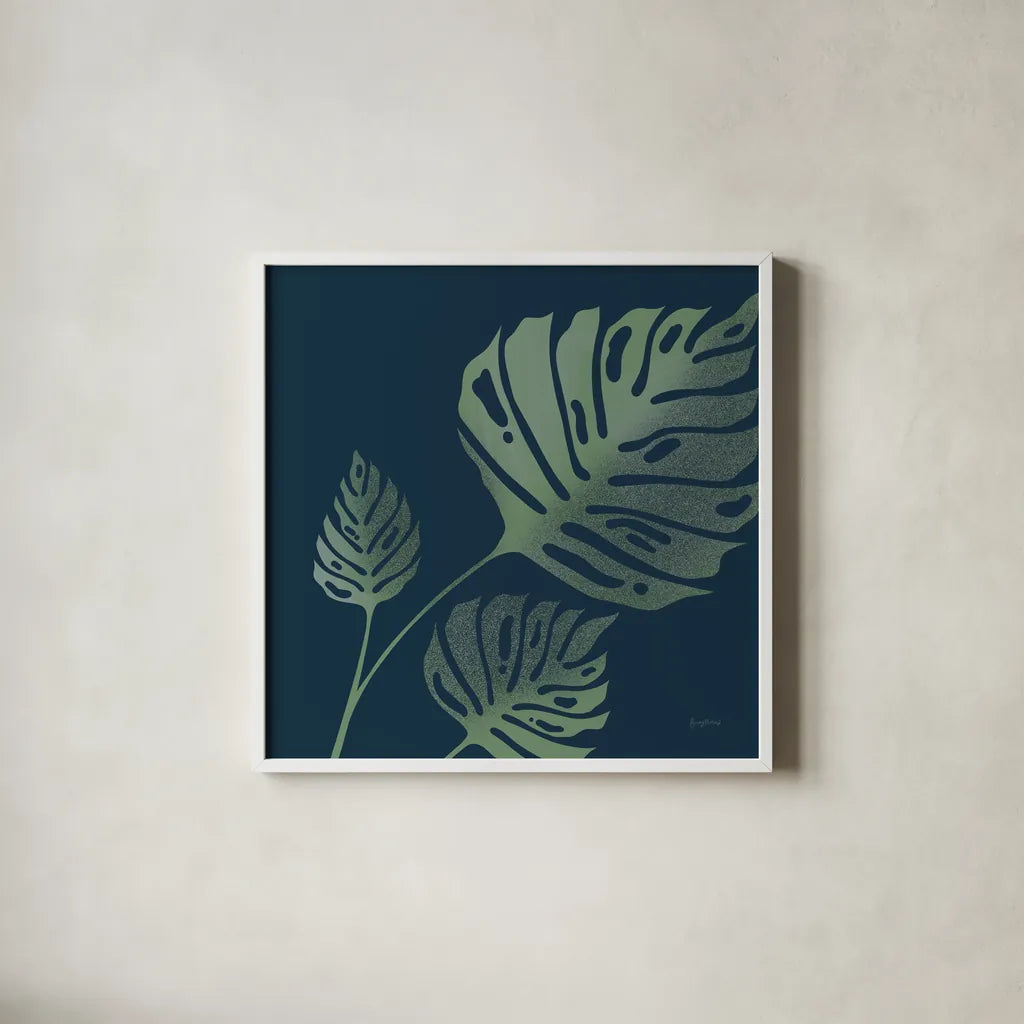 Monstera I by Becky Thorns. Shown in a crisp white glass frame for a clean and minimalist style. Available as an archival giclee rolled canvas, fine art paper, or poster print. SKU 52079a.