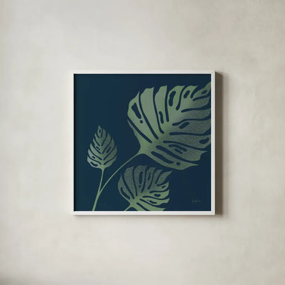 Monstera I by Becky Thorns. Shown in a crisp white glass frame for a clean and minimalist style. Available as an archival giclee rolled canvas, fine art paper, or poster print. SKU 52079a.